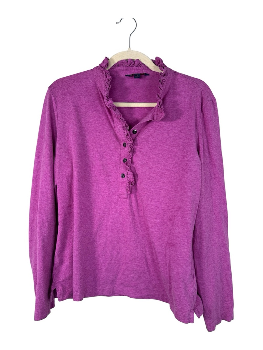 Brooks Brothers 100% Cotton Purple Ruffled Long Sleeve Blouse Womens L Henley